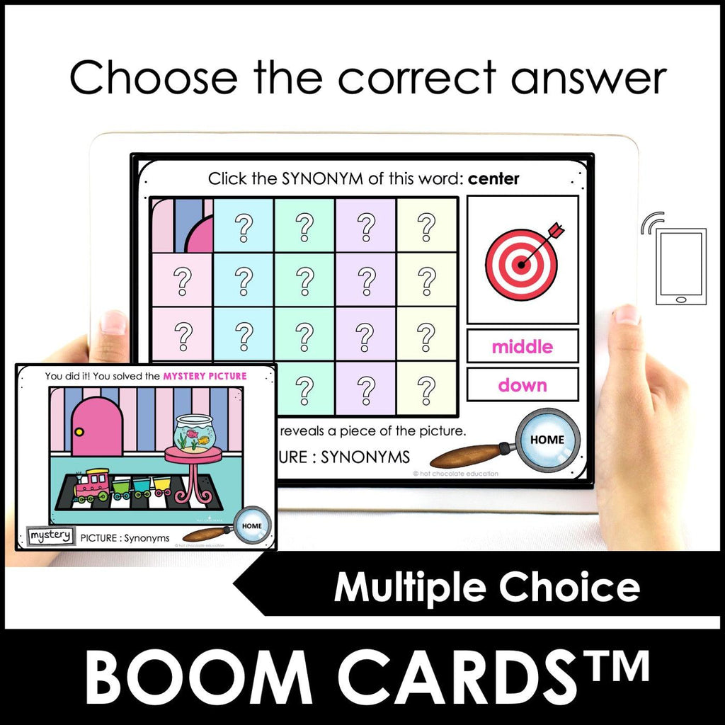 Synonym Match | Word pairs with similar meanings | Mystery Picture Boom Cards™ - Hot Chocolate Teachables