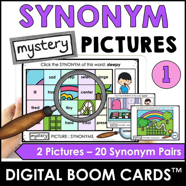 Synonym Match | Word pairs with similar meanings | Mystery Picture Boom Cards™ - Hot Chocolate Teachables