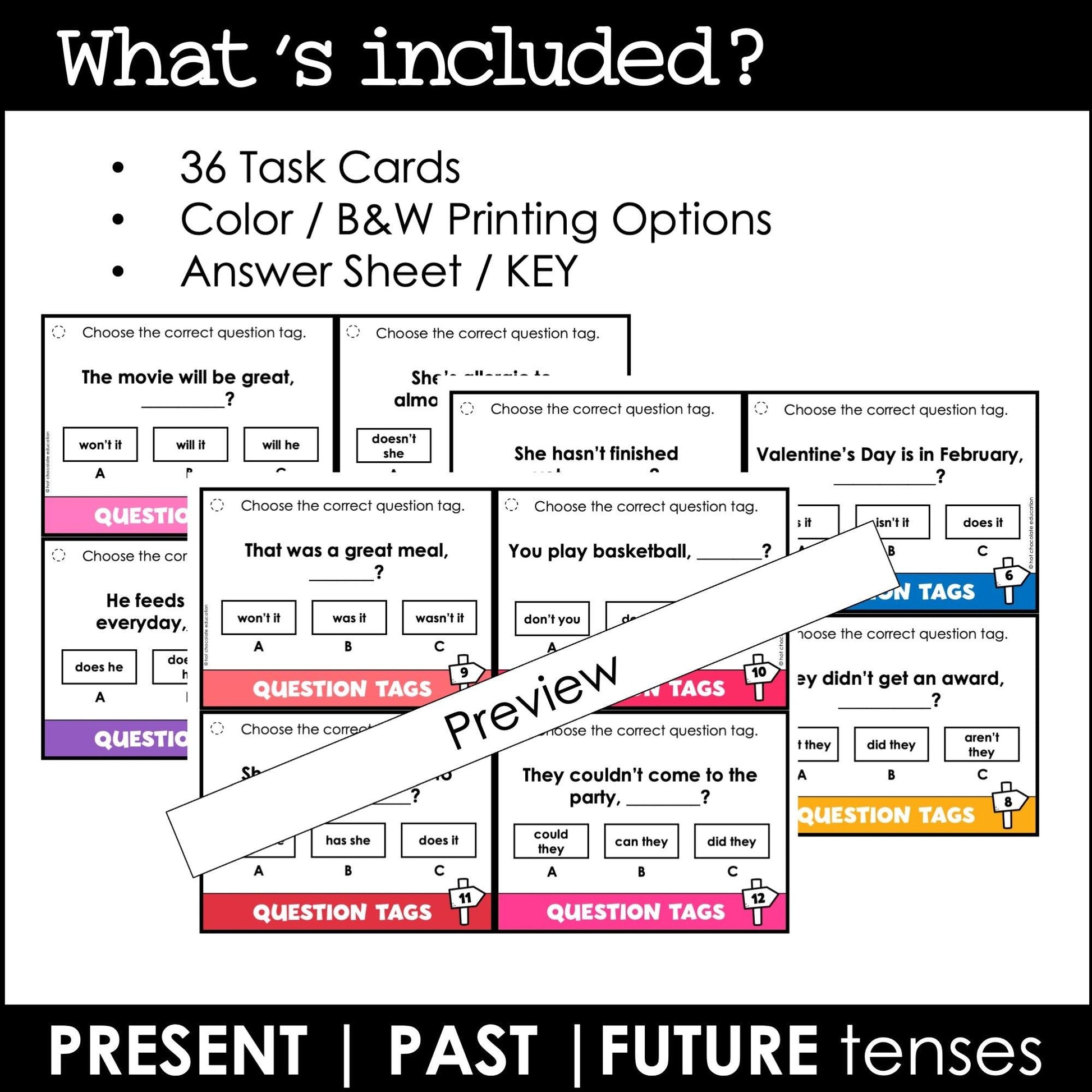 Tag Questions Task Cards - Present, Past & Future Tenses - Hot Chocolate Teachables