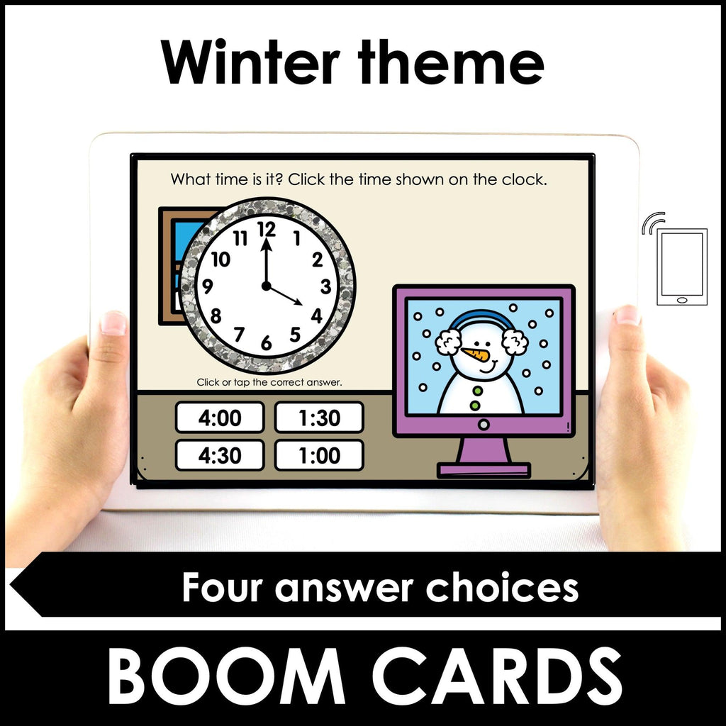 Telling the Time - Winter Interactive Boom Cards™ - to the hour, to the half hour - Hot Chocolate Teachables