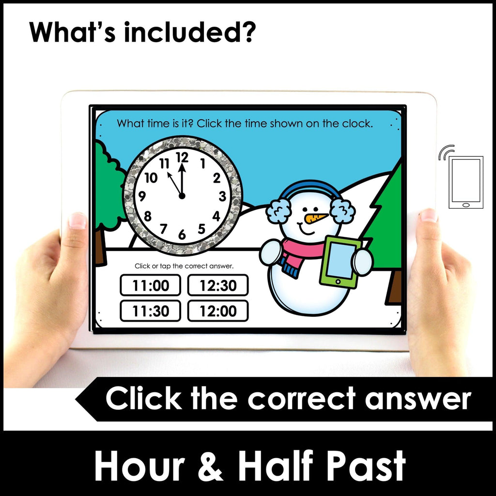 Telling the Time - Winter Interactive Boom Cards™ - to the hour, to the half hour - Hot Chocolate Teachables