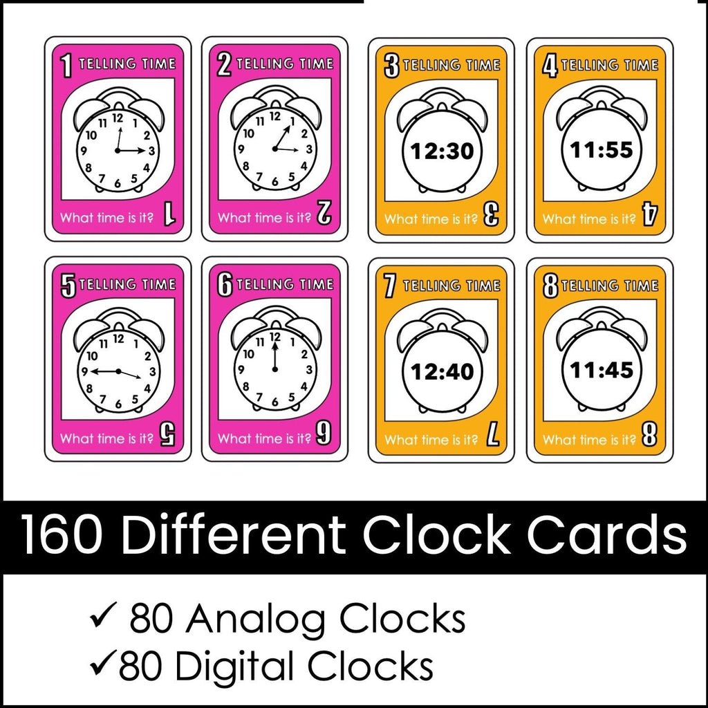 Telling Time Card Game | To the 5 minutes - What time is it? Digital & Analog - Hot Chocolate Teachables