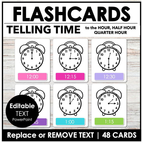 Telling Time EDITABLE Flashcards for ESL - to the HOUR, HALF HOUR, QUARTER HOUR - Hot Chocolate Teachables