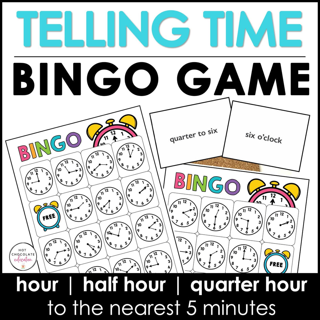 Telling Time Games BUNDLE - Hour, Half hour, quarter hour & nearest 5 minutes - Hot Chocolate Teachables