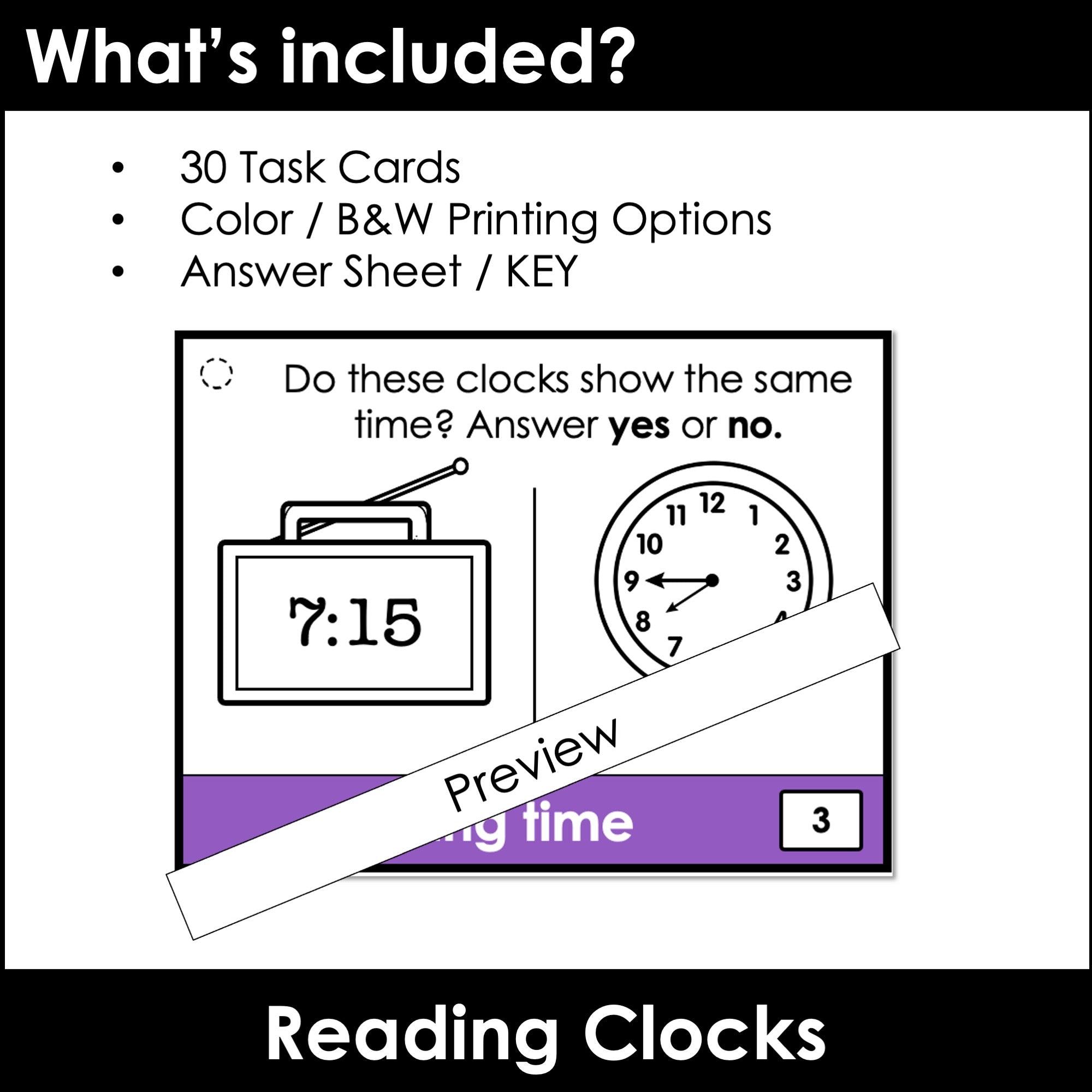 Telling Time Task Cards | Comparing Clocks - Half hour & quarter hour - Hot Chocolate Teachables