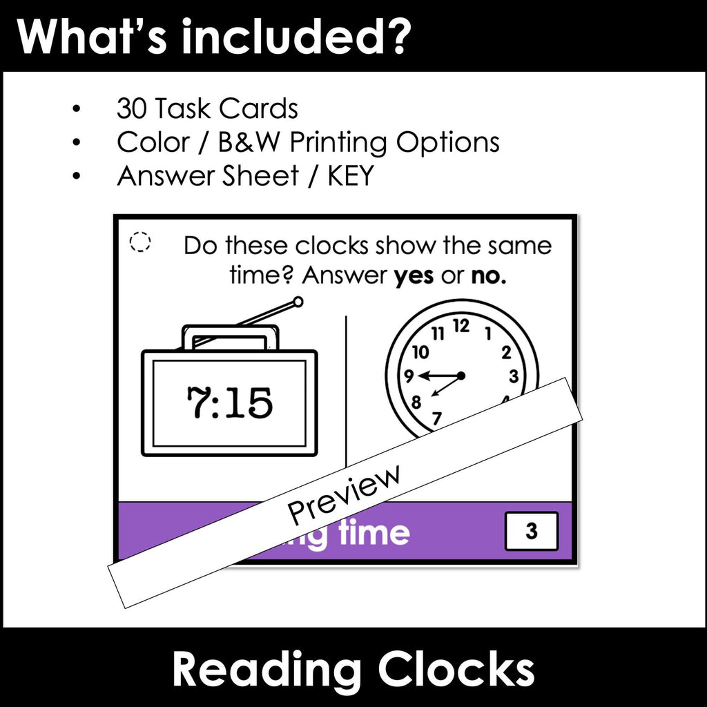 Telling Time Task Cards | Comparing Clocks - Half hour & quarter hour - Hot Chocolate Teachables