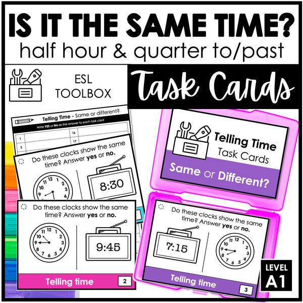 Telling Time Task Cards | Comparing Clocks - Half hour & quarter hour - Hot Chocolate Teachables