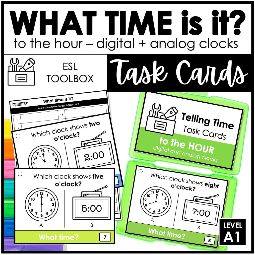 Telling Time Task Cards | To the hour - What time is it? Digital & Analog Clocks - Hot Chocolate Teachables