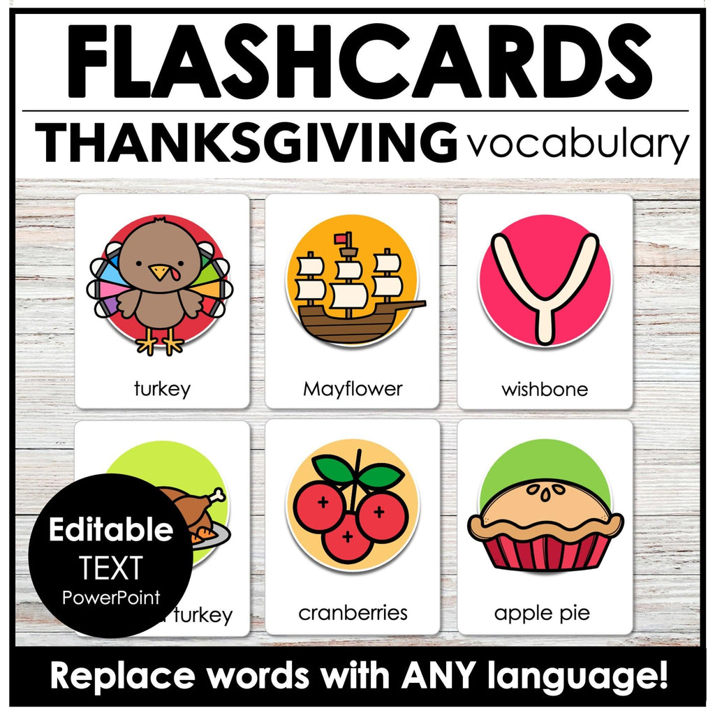 THANKSGIVING Flashcards ESL Vocabulary Flash Cards for Kids - Editable Text - Hot Chocolate Teachables