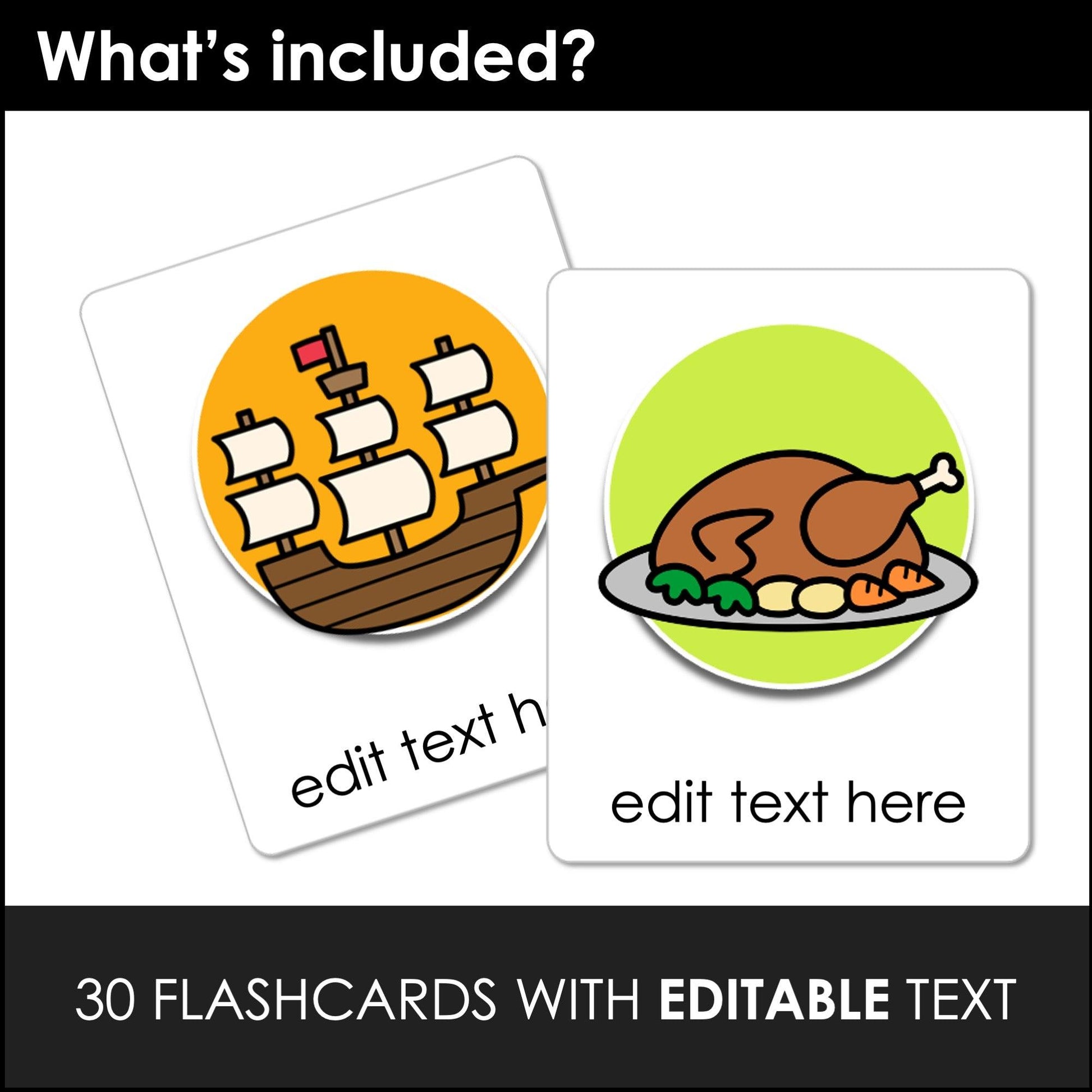 THANKSGIVING Flashcards ESL Vocabulary Flash Cards for Kids - Editable Text - Hot Chocolate Teachables