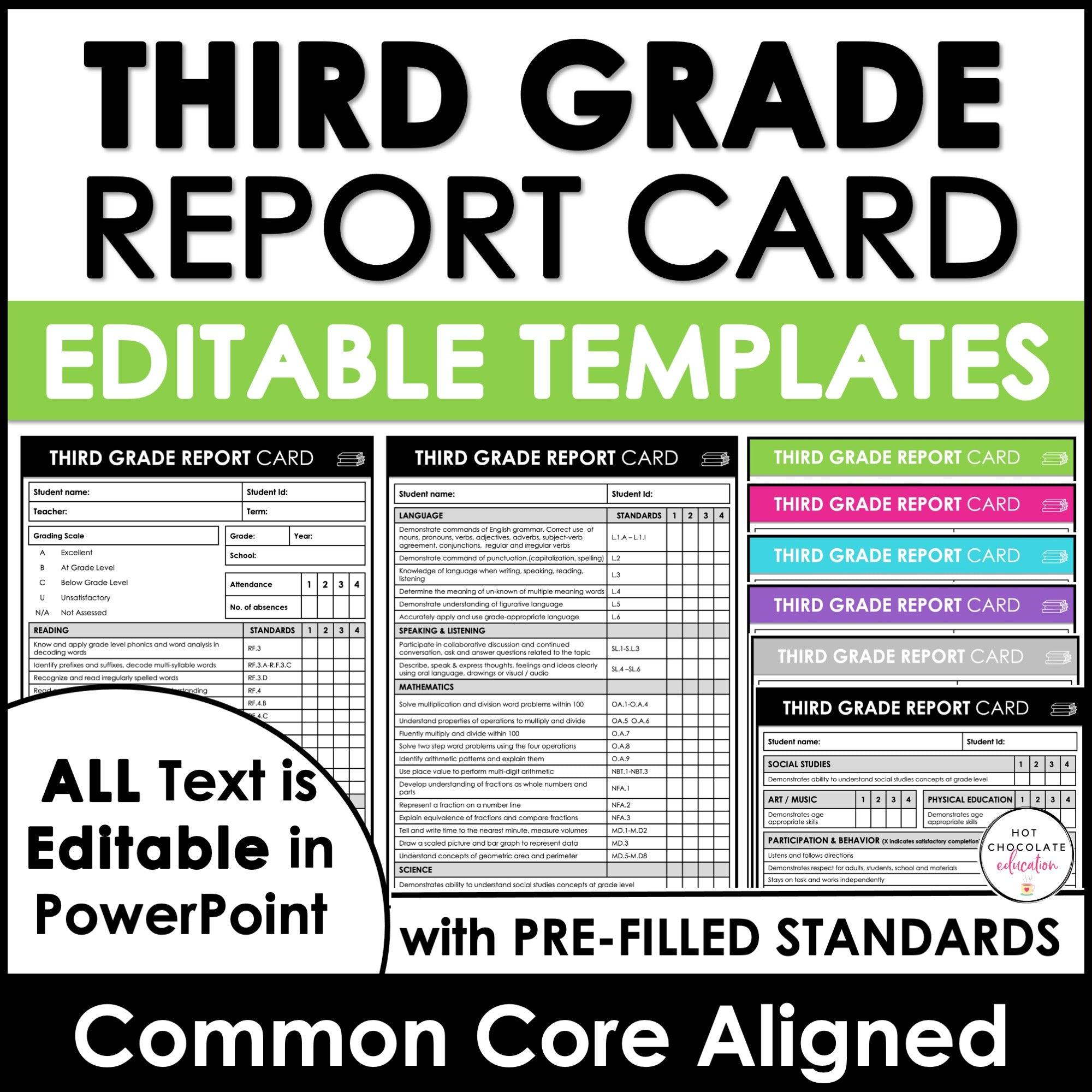 Third Grade Editable Report Card Templates with Common Core Aligned Standards - Hot Chocolate Teachables
