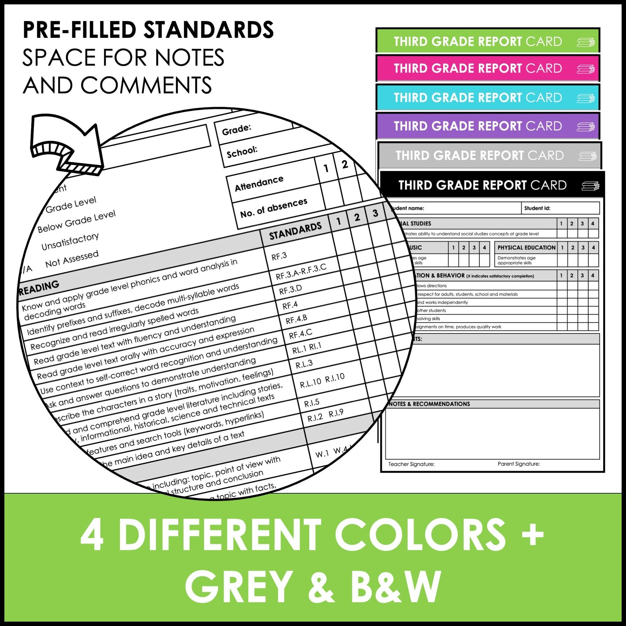 Third Grade Editable Report Card Templates with Common Core Aligned Standards - Hot Chocolate Teachables