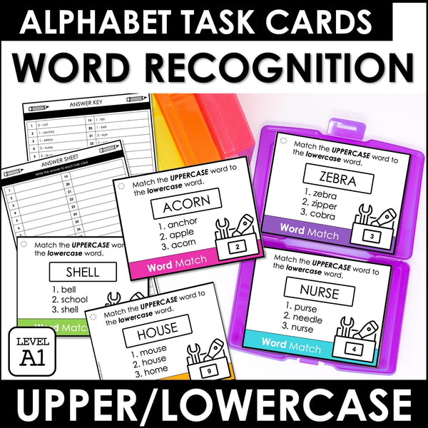 Uppercase & Lowercase Word Identification Task Cards - Alphabet Recognition - Hot Chocolate Teachables