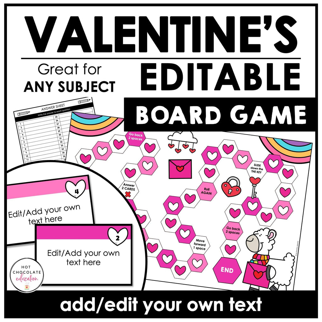 Valentine's Day Board Game Template for ANY subject with Editable Game Cards - Hot Chocolate Teachables