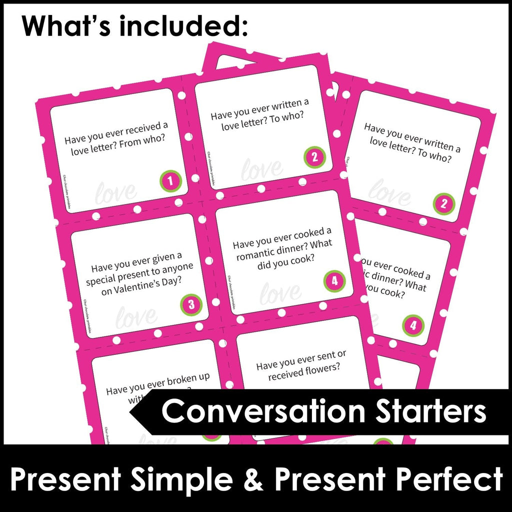 Valentine's Day Conversation Questions - Present Simple & Present Perfect - Hot Chocolate Teachables