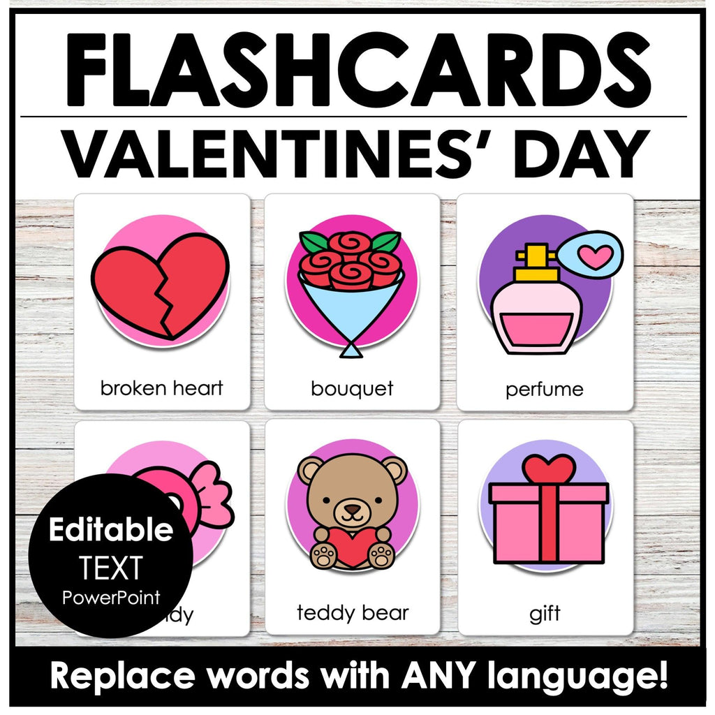 Valentine's Day Flashcards - Editable Vocabulary Flash Cards for ESL EFL ELA - Hot Chocolate Teachables