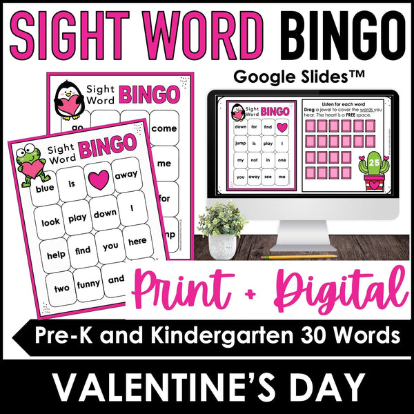 Valentine's Day Kindergarten Sight Word Bingo Game | Print & Google Slides™ - Hot Chocolate Teachables