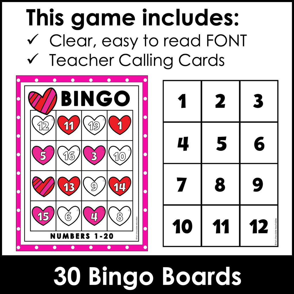 Valentine's Day Number Recognition 1-20 Bingo Game - Hot Chocolate Teachables