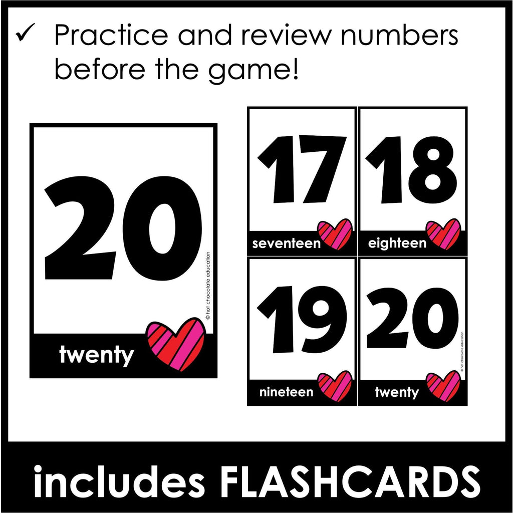 Valentine's Day Number Recognition 1-20 Bingo Game - Hot Chocolate Teachables