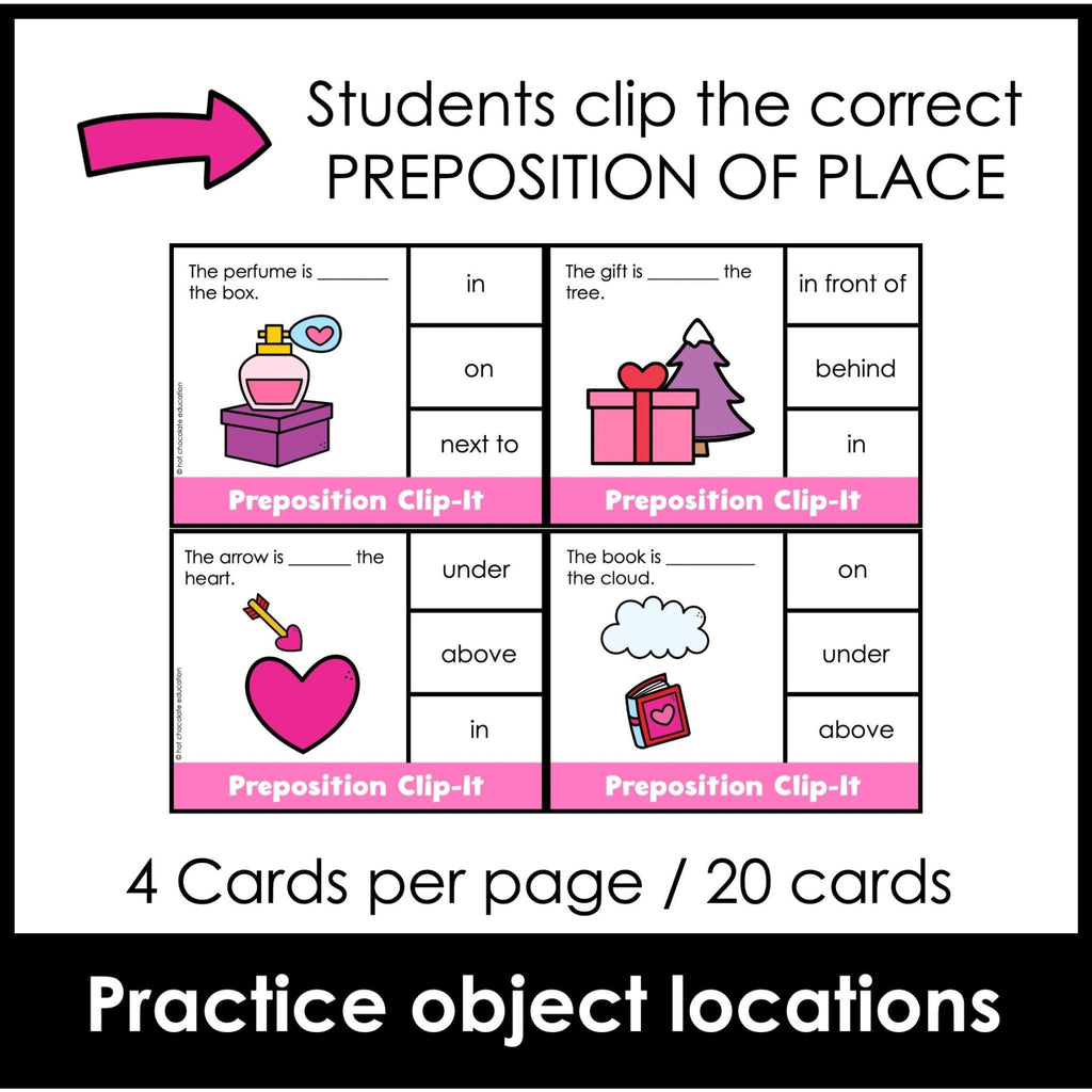 Valentine's Day Prepositions of Location and Spatial Concepts Activity Cards - Hot Chocolate Teachables