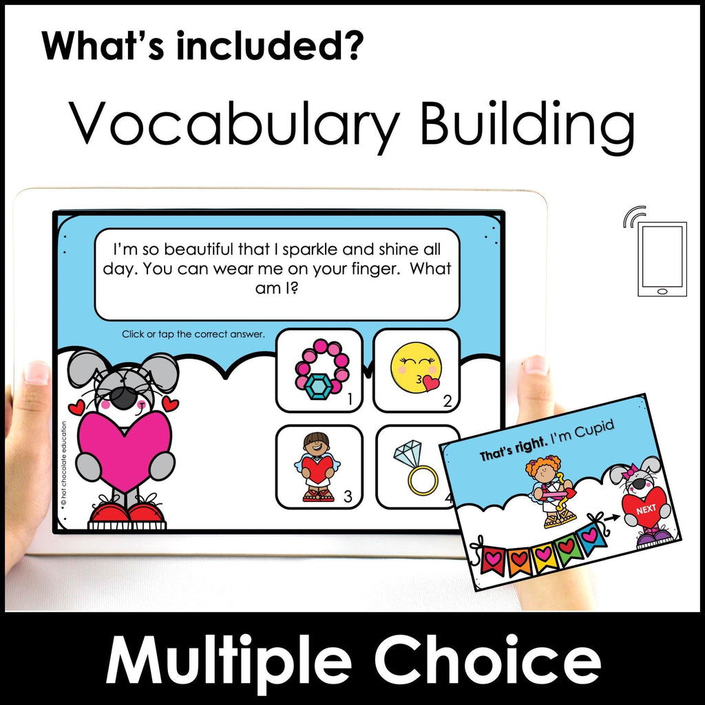 Valentine's Day Vocabulary Guessing Game: Boom Cards - Digital Task Cards - Hot Chocolate Teachables