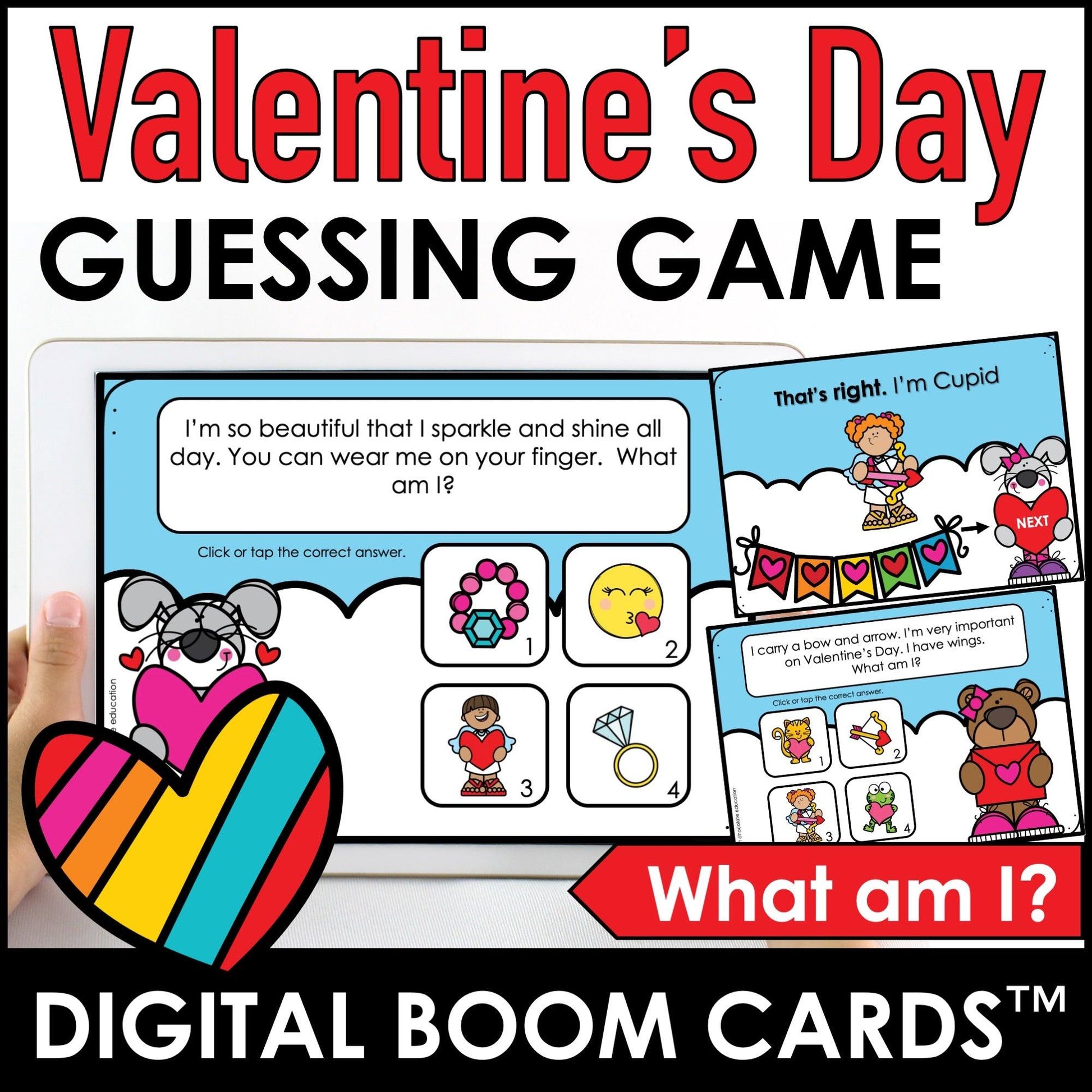 Valentine's Day Vocabulary Guessing Game: Boom Cards - Digital Task Cards - Hot Chocolate Teachables