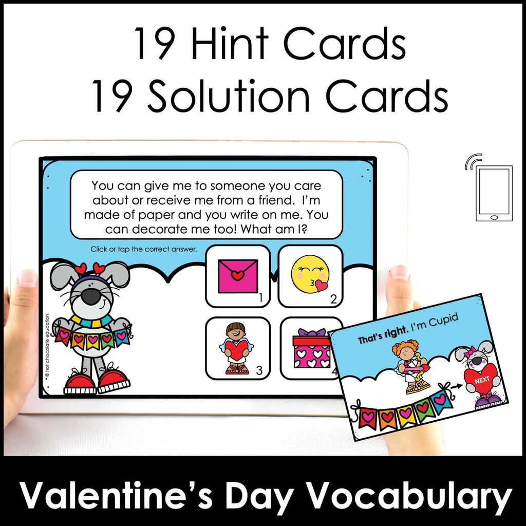 Valentine's Day Vocabulary Guessing Game: Boom Cards - Digital Task Cards - Hot Chocolate Teachables