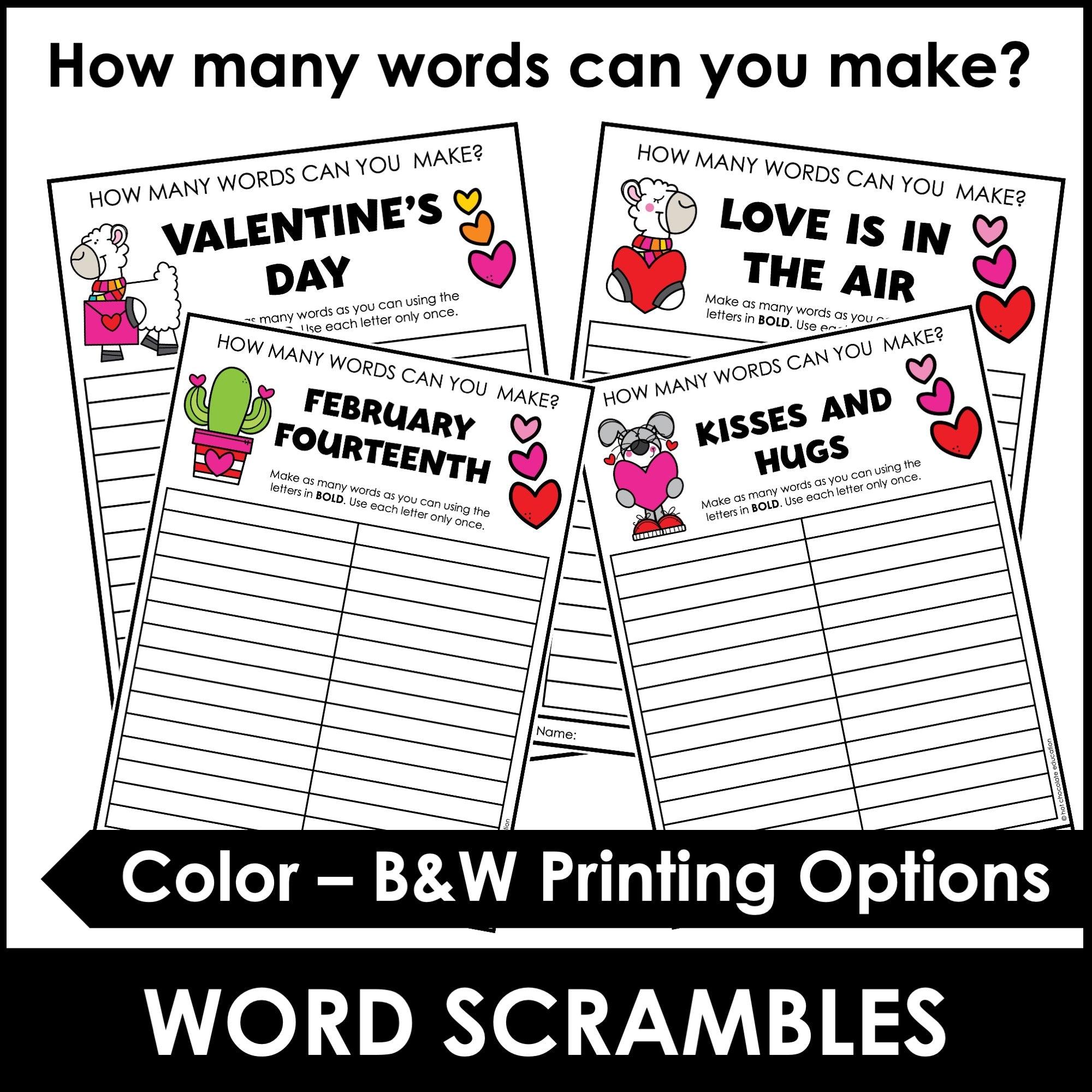 Valentine's Day Word Scramble Freebie! How many words can you make? - Hot Chocolate Teachables
