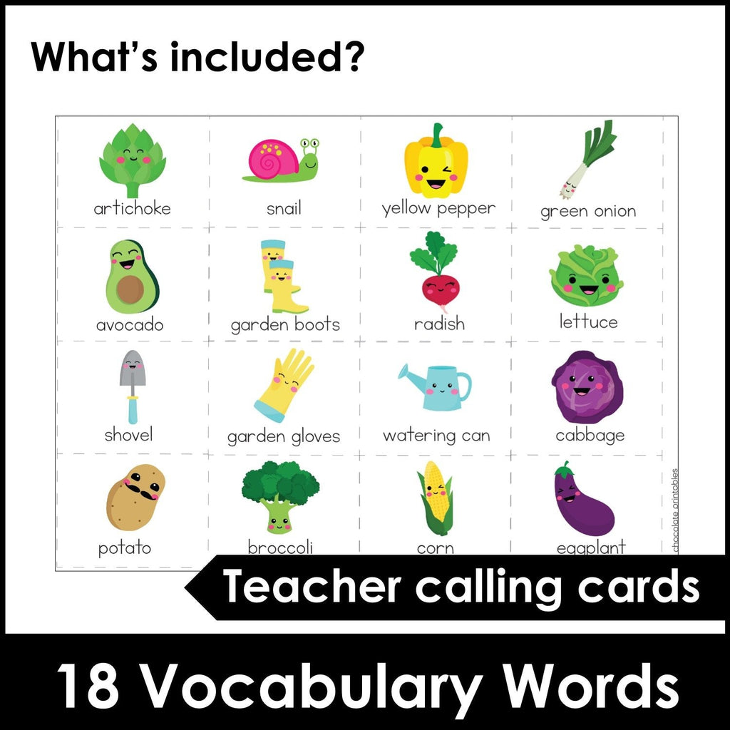 Vegetable Garden Vocabulary Bingo Game + Flashcards - Hot Chocolate Teachables