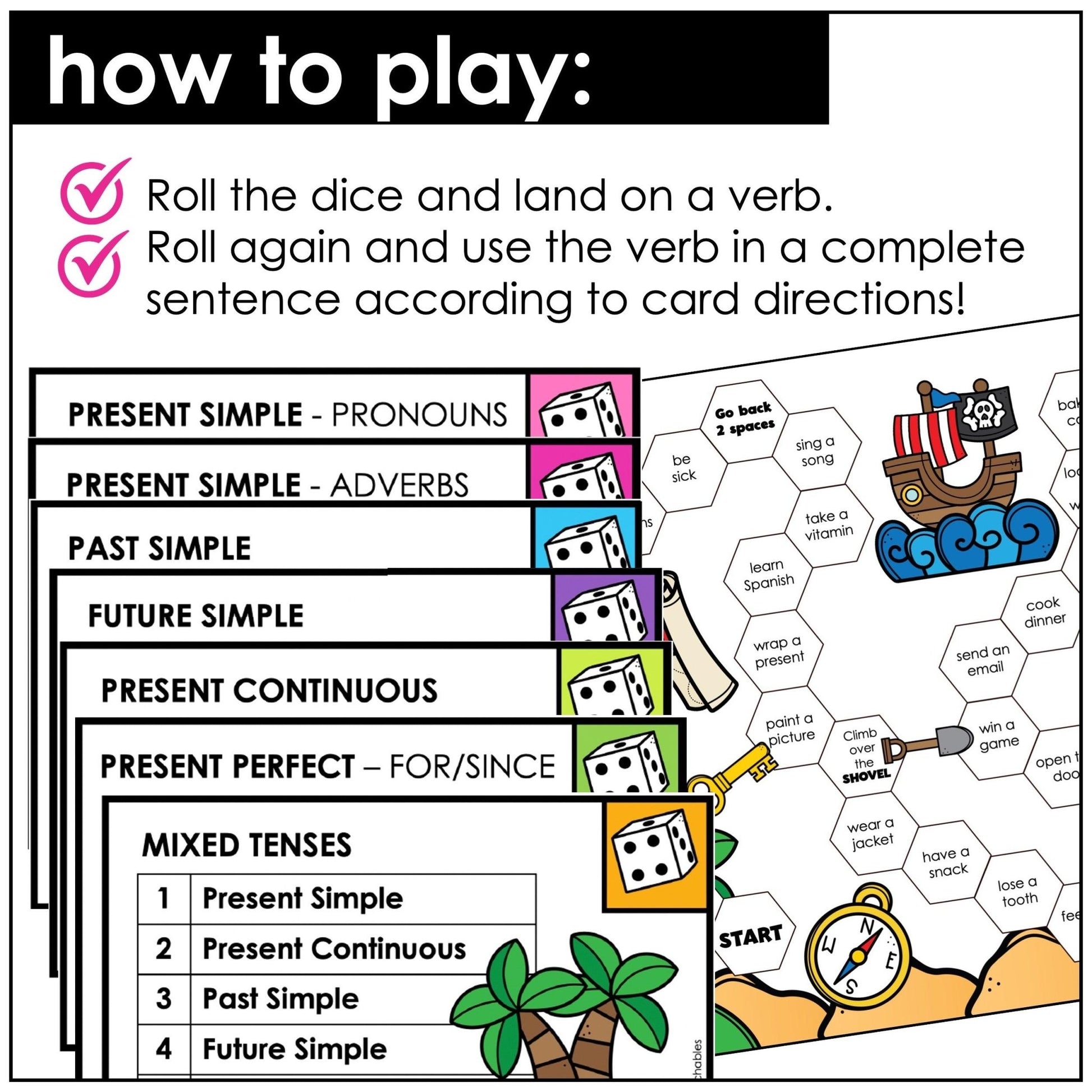 Verb Tense Board Game | Change each verb: Present, Past, Future, Continuous - Hot Chocolate Teachables