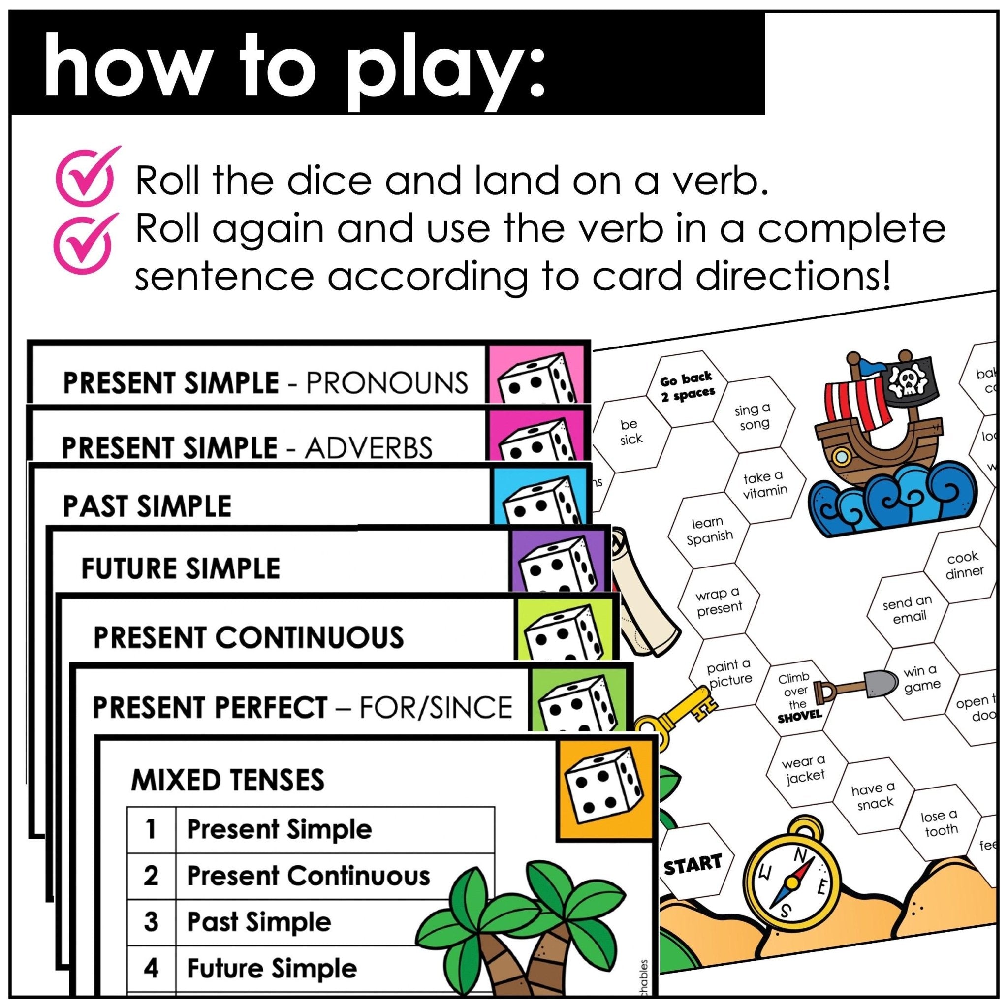 Verb Tense Board Game | Change each verb: Present, Past, Future, Continuous - Hot Chocolate Teachables