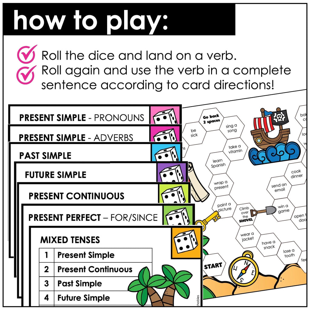 Verb Tense Board Game | Change each verb: Present, Past, Future, Continuous - Hot Chocolate Teachables