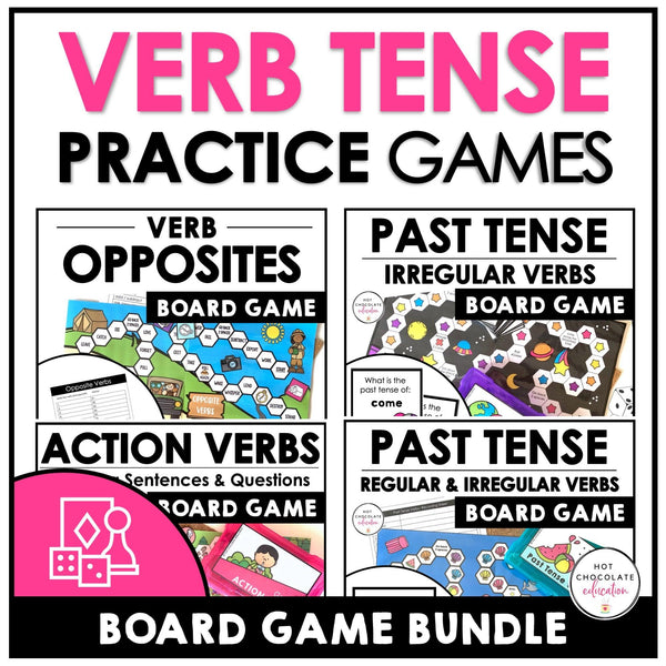 Verb Tense Board Games BUNDLE: Action Verbs, Past Simple, Opposites & Irregulars - Hot Chocolate Teachables