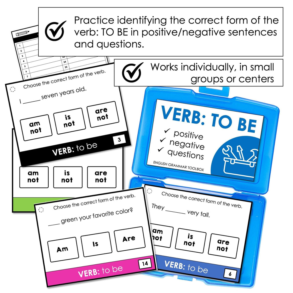 VERB: TO BE - Present Simple Subject Verb Agreement Task Cards - AM, IS, ARE - Hot Chocolate Teachables