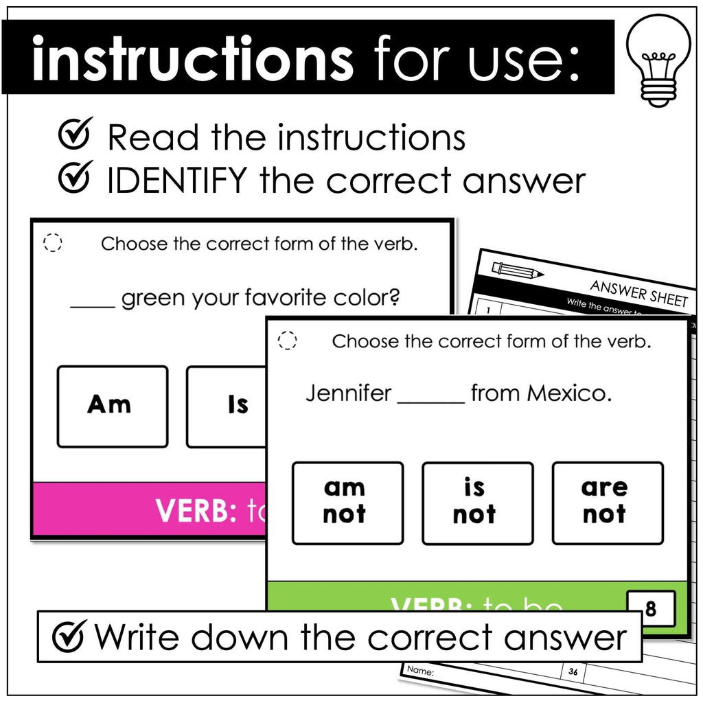 VERB: TO BE - Present Simple Subject Verb Agreement Task Cards - AM, IS, ARE - Hot Chocolate Teachables