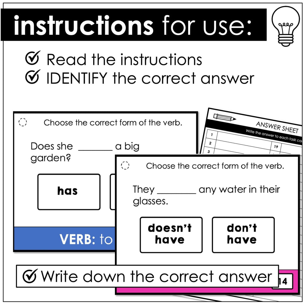 VERB: TO HAVE - Present Simple Subject Verb Agreement Task Cards - HAS - HAVE - Hot Chocolate Teachables