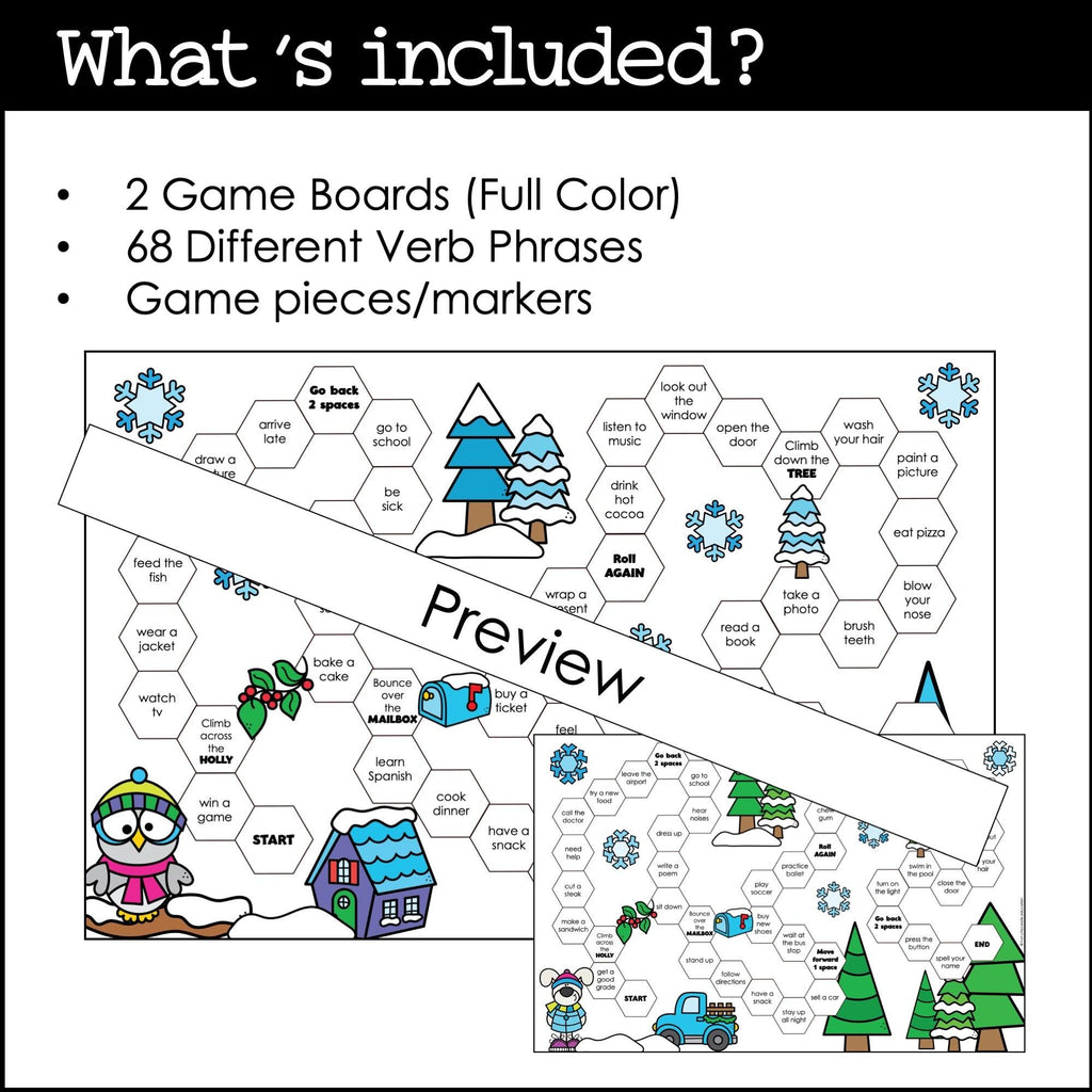 Verbs Board Game | Choose a tense and change the verb | Present Past & Future - Hot Chocolate Teachables