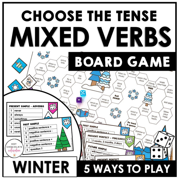 Verbs Board Game | Choose a tense and change the verb | Present Past & Future - Hot Chocolate Teachables