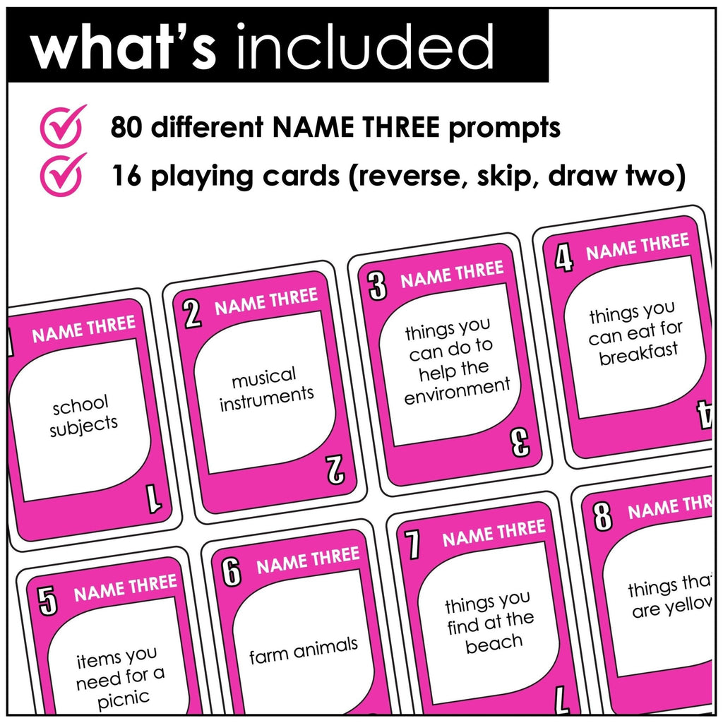 Vocabulary Building Card Game: Name Three Things Prompts for ESL & ELL - Hot Chocolate Teachables