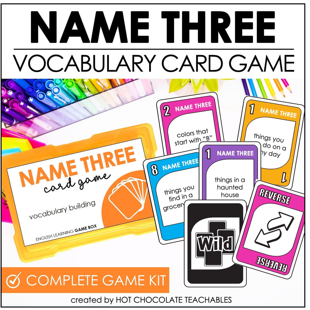 Vocabulary Building Card Game: Name Three Things Prompts for ESL & ELL - Hot Chocolate Teachables