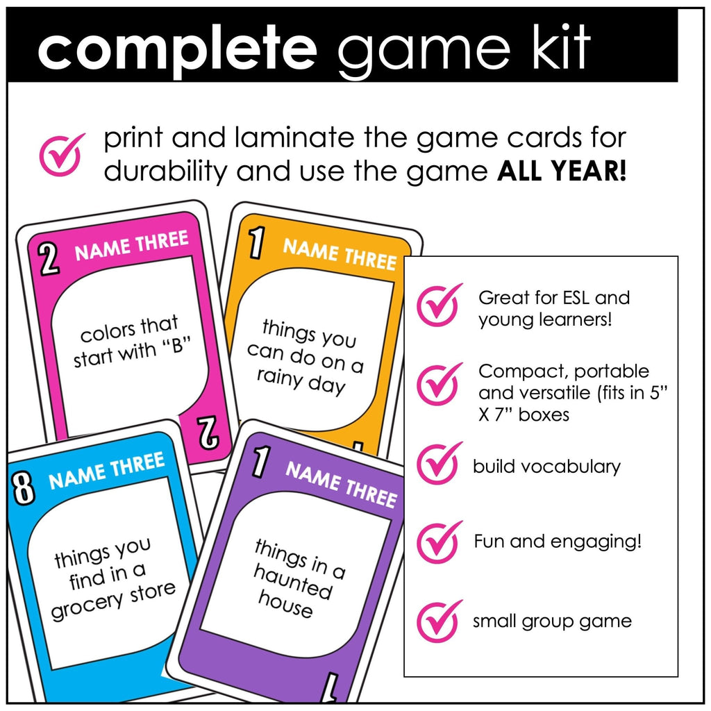 Vocabulary Building Card Game: Name Three Things Prompts for ESL & ELL - Hot Chocolate Teachables