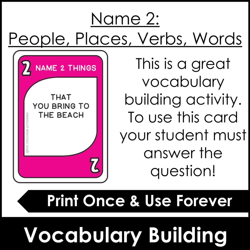 Vocabulary Building Card Game : Name Two People, Places, Things, Verbs - Hot Chocolate Teachables