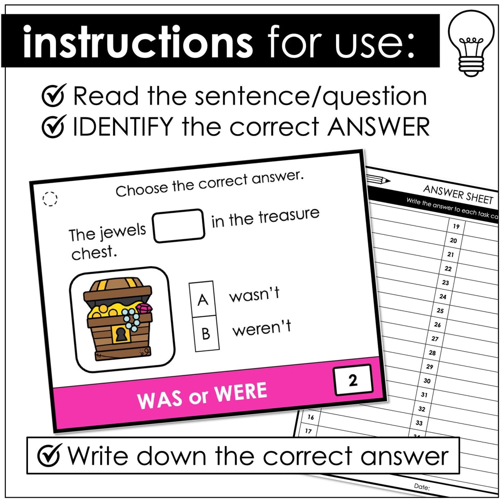 Was & Were Task Cards - Past Tense Subject Verb Agreement in Sentences - Hot Chocolate Teachables