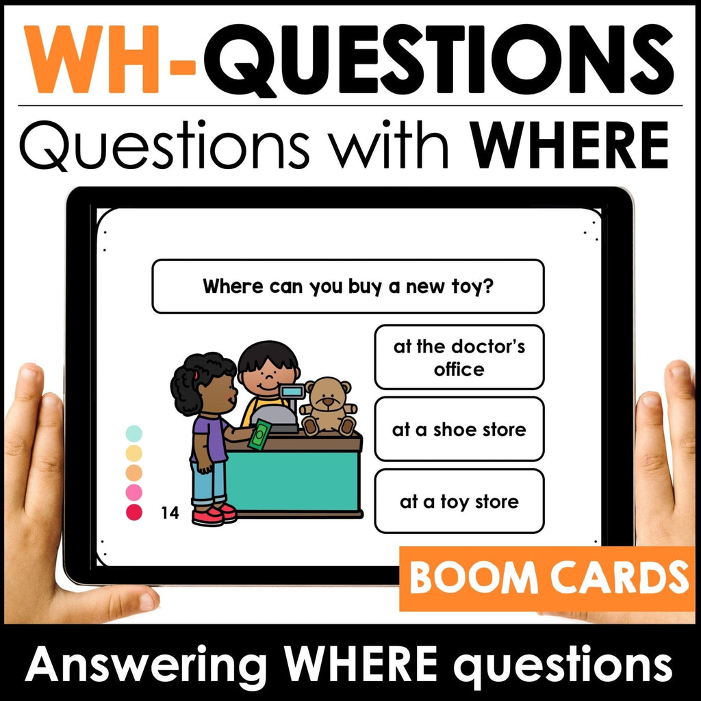 WH Question Comprehension Boom Cards™ Answering questions with WHERE - Hot Chocolate Teachables