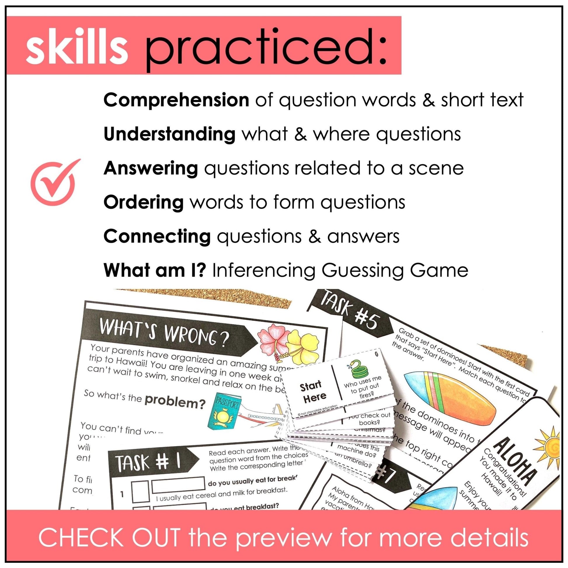 WH Question Escape Activity for ELL, EFL, ESL / Question Word Comprehension - Hot Chocolate Teachables