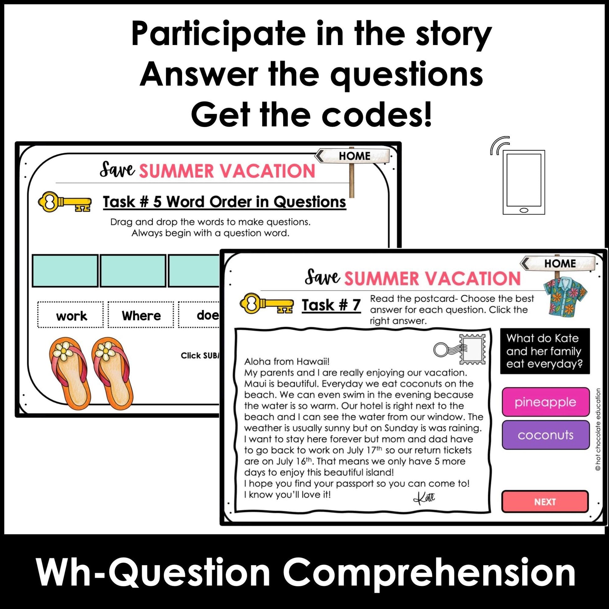 Wh Questions Digital Escape Boom Cards - What, Where, When, Why, Who, How - Hot Chocolate Teachables