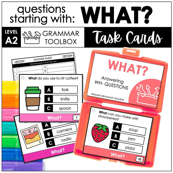 WHAT Questions - WH Question Word Comprehension Task Cards - Hot Chocolate Teachables