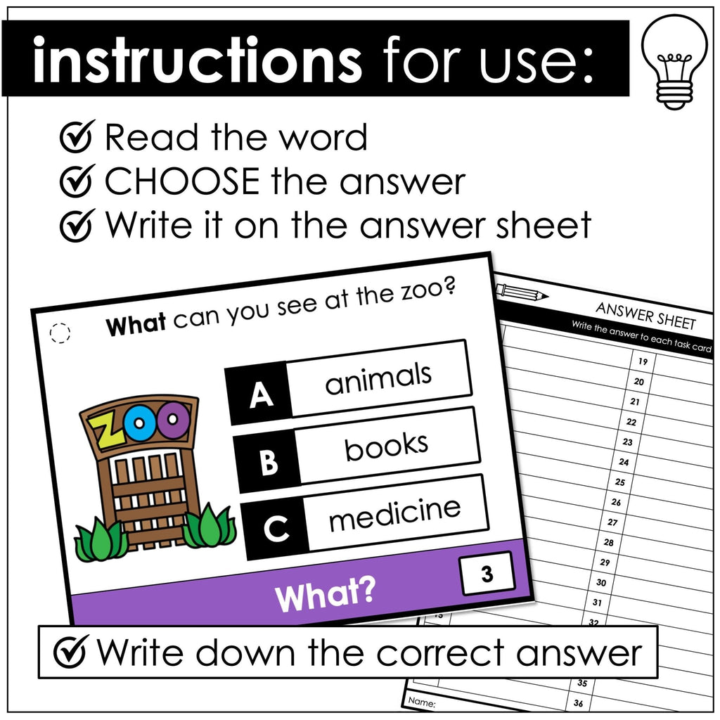 WHAT Questions - WH Question Word Comprehension Task Cards - Hot Chocolate Teachables