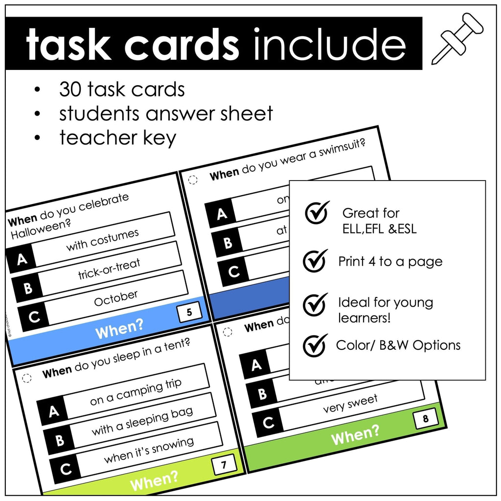 WHEN Questions - WH Question Word Comprehension Task Cards - Hot Chocolate Teachables