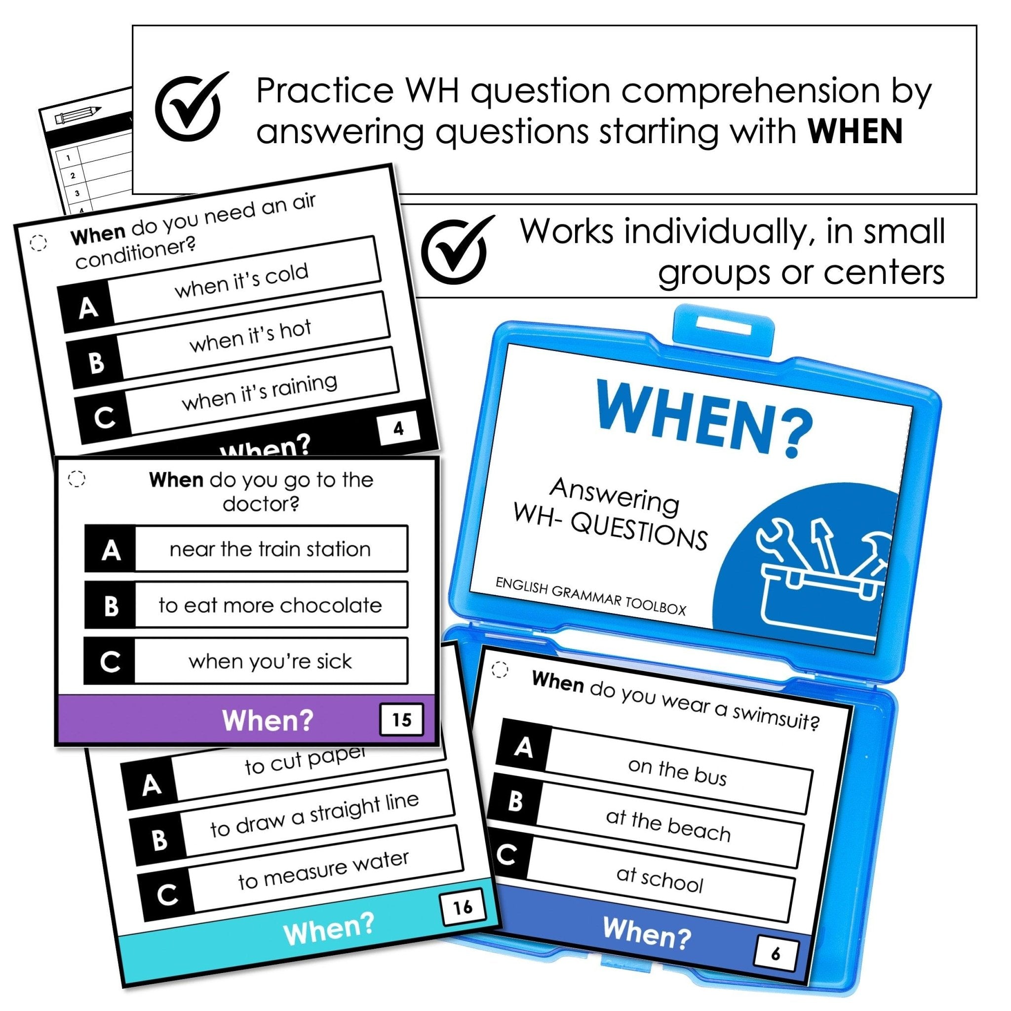 WHEN Questions - WH Question Word Comprehension Task Cards - Hot Chocolate Teachables